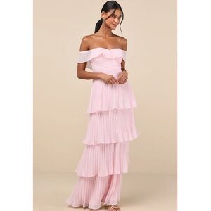 Lulus Always Remarkable Pink Pleated Off Shoulder Chiffon Tiered Maxi Dress NWT